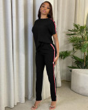 Spring/Summer Leisure Sports Solid Color Round Neck Short Sleeve Ribbon Splicing Two-piece Set