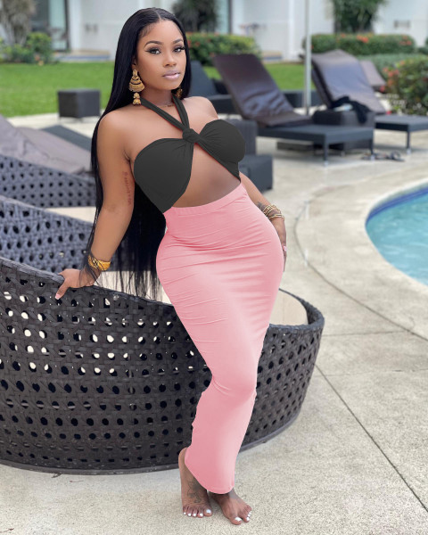 Women's summer cute halterneck wrap chest sexy color matching dress