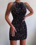 Fashion halter neck sexy crystal tassel bag hip sequin dress spring and summer