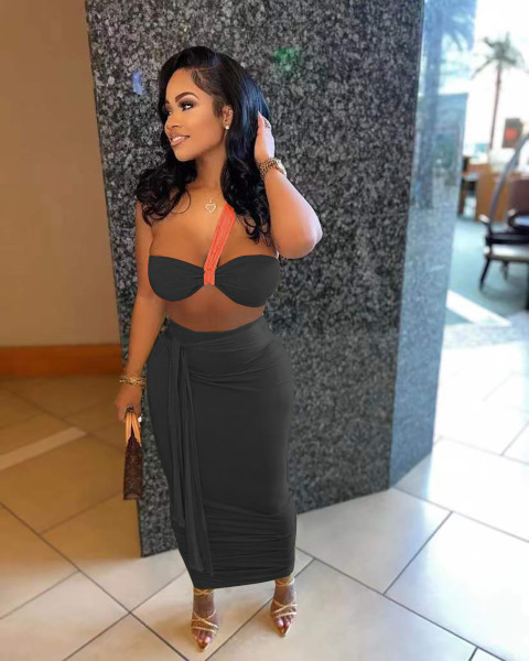 Women's Clothes Cute Suspended Chest Pleated Lace-Up Skirt Two Piece Set