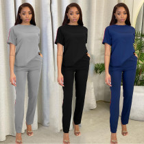 Spring/Summer Leisure Sports Solid Color Round Neck Short Sleeve Ribbon Splicing Two-piece Set Spring/Summer Leisure Sports Solid Color Round Neck Short Sleeve Ribbon Splicing Two-piece Set