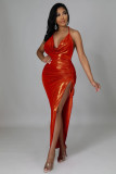 Women's temperament dress halter neck open back slit ruffled lace irregular dress
