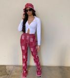 Women's Fashion Faux Denim Plaid Printed Hem Fringe Casual Pants