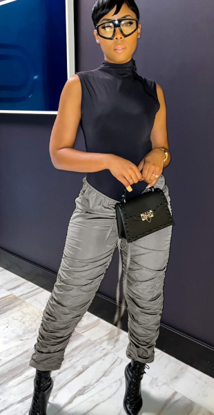 Pleated Drawstring High Waist Stretch Stacked Pants
