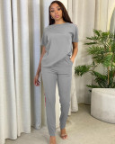 Spring/Summer Leisure Sports Solid Color Round Neck Short Sleeve Ribbon Splicing Two-piece Set