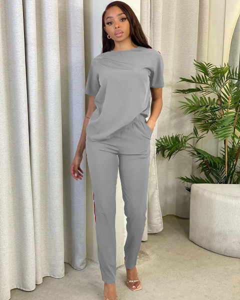 Spring/Summer Leisure Sports Solid Color Round Neck Short Sleeve Ribbon Splicing Two-piece Set