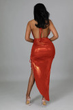 Women's temperament dress halter neck open back slit ruffled lace irregular dress