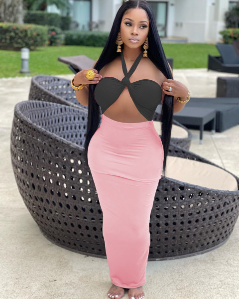 Women's summer cute halterneck wrap chest sexy color matching dress