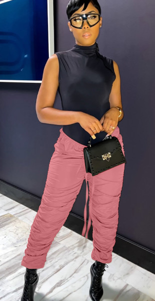 Pleated Drawstring High Waist Stretch Stacked Pants