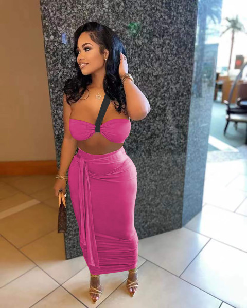 Women's Clothes Cute Suspended Chest Pleated Lace-Up Skirt Two Piece Set