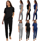 Spring/Summer Leisure Sports Solid Color Round Neck Short Sleeve Ribbon Splicing Two-piece Set
