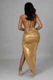 Women's temperament dress halter neck open back slit ruffled lace irregular dress