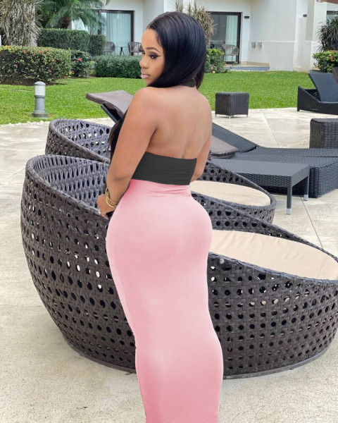 Women's summer cute halterneck wrap chest sexy color matching dress