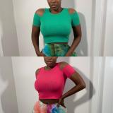 Off Shoulder Pit Strip Solid Color Casual Sports Slim T-Shirt