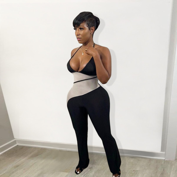 spring paneled color-block halterneck jumpsuit