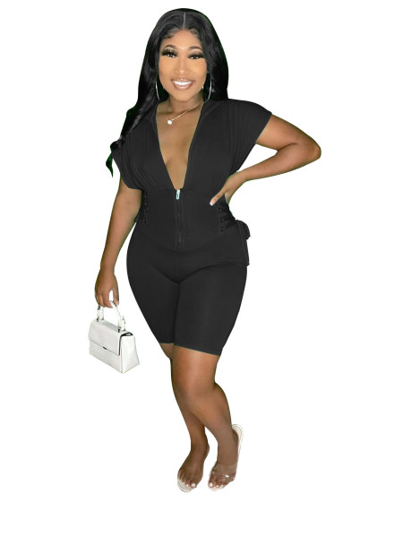 Solid Color Sexy V-Neck Hooded Zip Jumpsuit