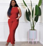 Women's all-match solid color vest flared pants two-piece set