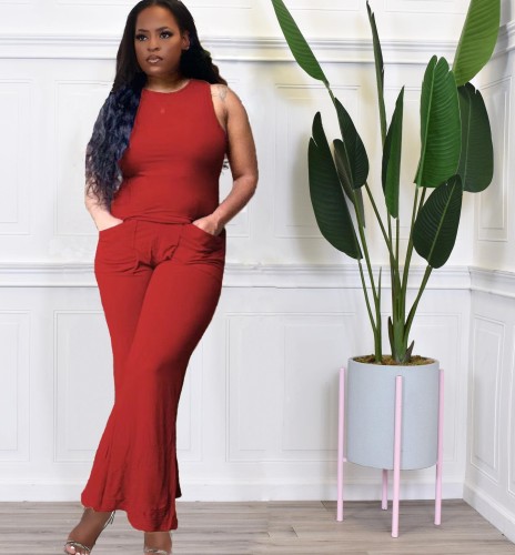Women's all-match solid color vest flared pants two-piece set