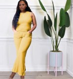 Women's all-match solid color vest flared pants two-piece set