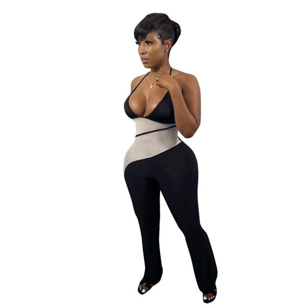 spring paneled color-block halterneck jumpsuit