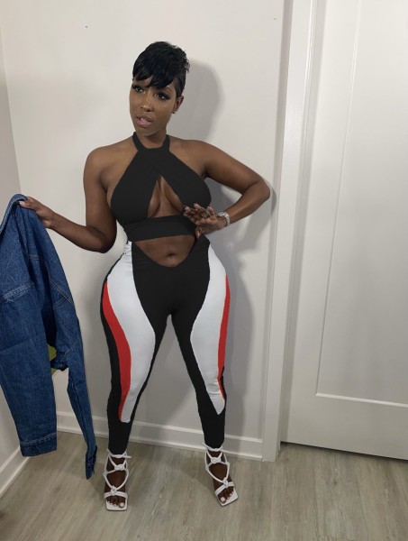 Sexy halterneck backless positioning print two-piece set