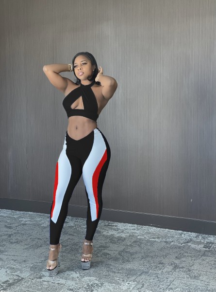 Sexy halterneck backless positioning print two-piece set
