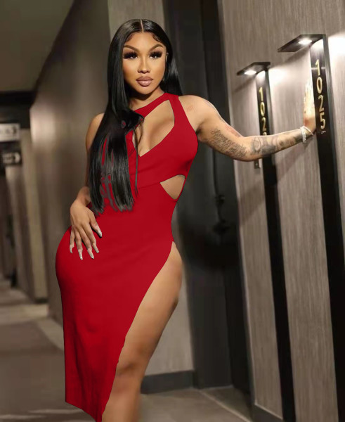 Women's Solid Color Sexy Cutout Slit Dress