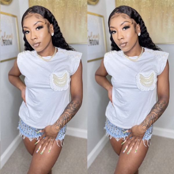 Women's High Stretch Short Sleeve T-Shirt Pearl Shoulder Padded Fashion Top