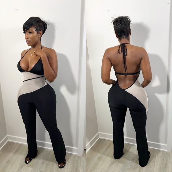 spring paneled color-block halterneck jumpsuit