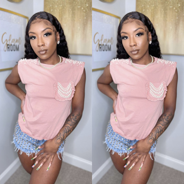 Women's High Stretch Short Sleeve T-Shirt Pearl Shoulder Padded Fashion Top