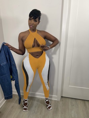 Sexy halterneck backless positioning print two-piece set