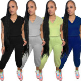 Solid Color Casual Sleeveless Cropped Pants Two Piece Set
