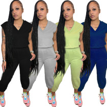 Solid Color Casual Sleeveless Cropped Pants Two Piece Set