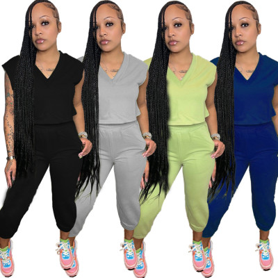 Solid Color Casual Sleeveless Cropped Pants Two Piece Set