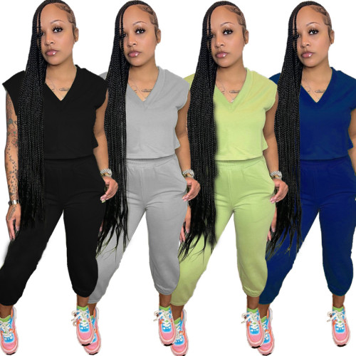 Solid Color Casual Sleeveless Cropped Pants Two Piece Set