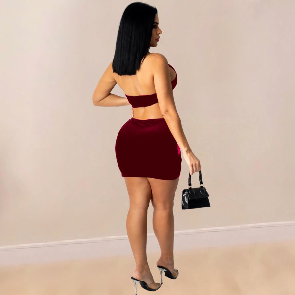 Sexy velvet mesh skirt halter neck women's two-piece suit