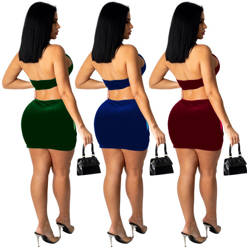 Sexy velvet mesh skirt halter neck women's two-piece suit