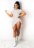 Women's Fashion Solid Color Rib Short Sleeve Round Neck Sexy Diagonal Zipper Split Casual Dress