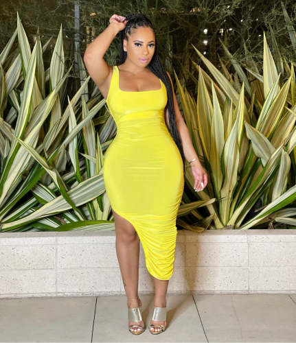 Women's Fashion Solid Color Pleated High Elasticity Slim Dress