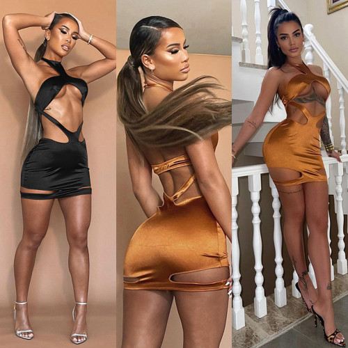 Sexy solid color women's halter neck tube top four-way stretch slim dress