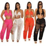 Women's Solid Bikini Fringe Knit Beach Shorts Set