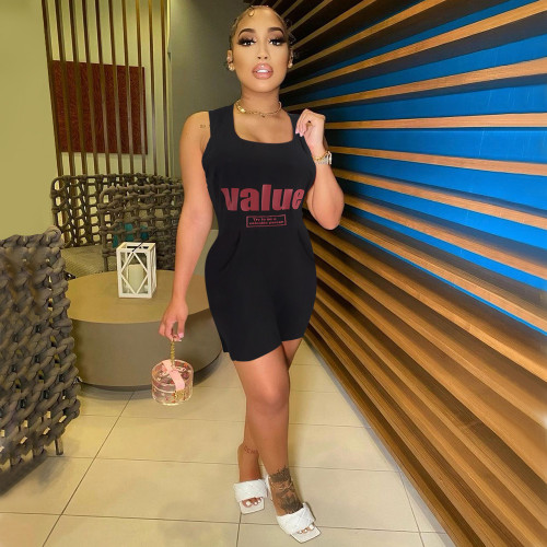 Positioned Offset Lettering High Waist Panel Solid Sleeveless Oversized Jumpsuit (Double Pockets)