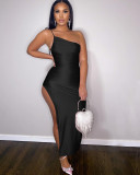 Women's One-shoulder slit pleated lace-up dress