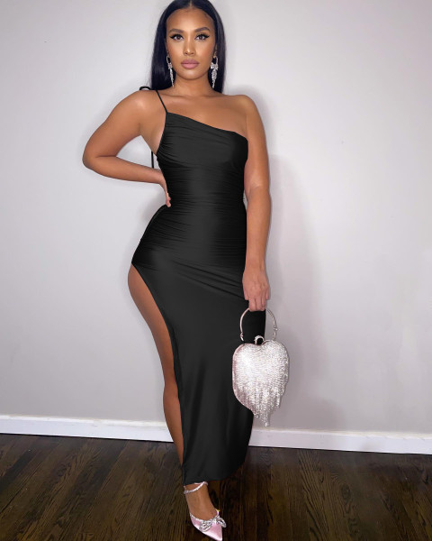 Women's One-shoulder slit pleated lace-up dress