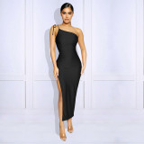Women's One-shoulder slit pleated lace-up dress