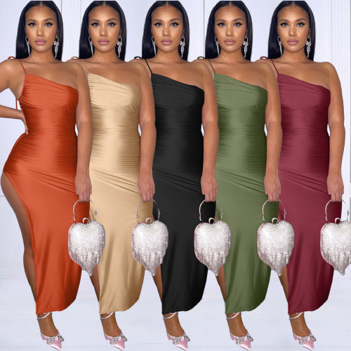 Women's One-shoulder slit pleated lace-up dress