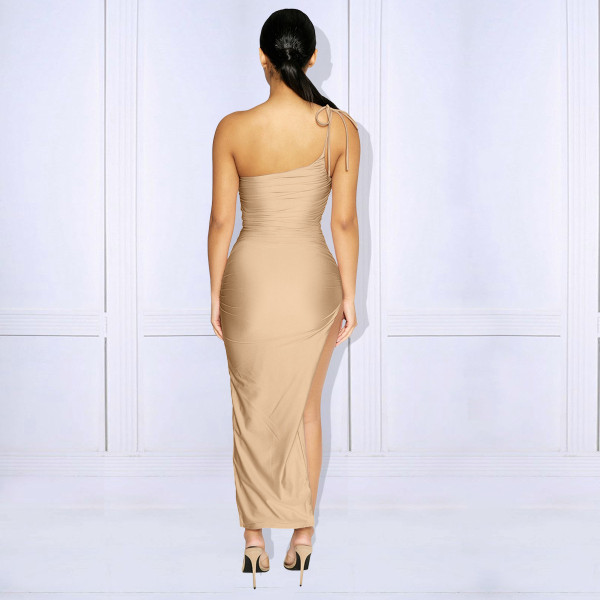 Women's One-shoulder slit pleated lace-up dress