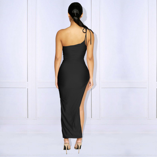 Women's One-shoulder slit pleated lace-up dress