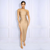Women's One-shoulder slit pleated lace-up dress