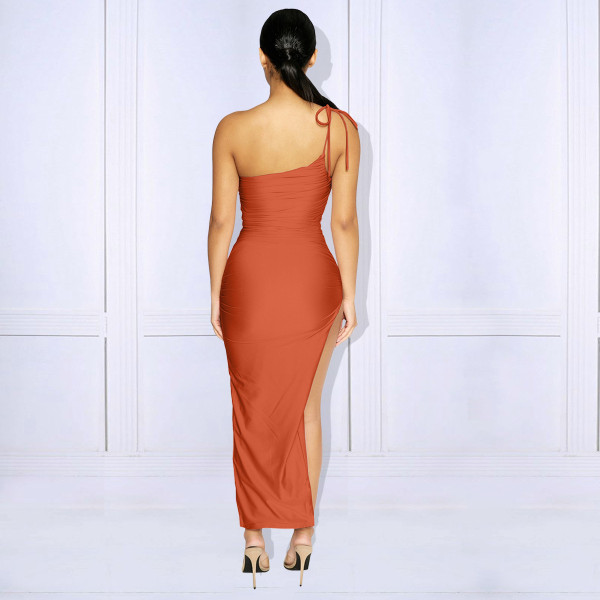 Women's One-shoulder slit pleated lace-up dress